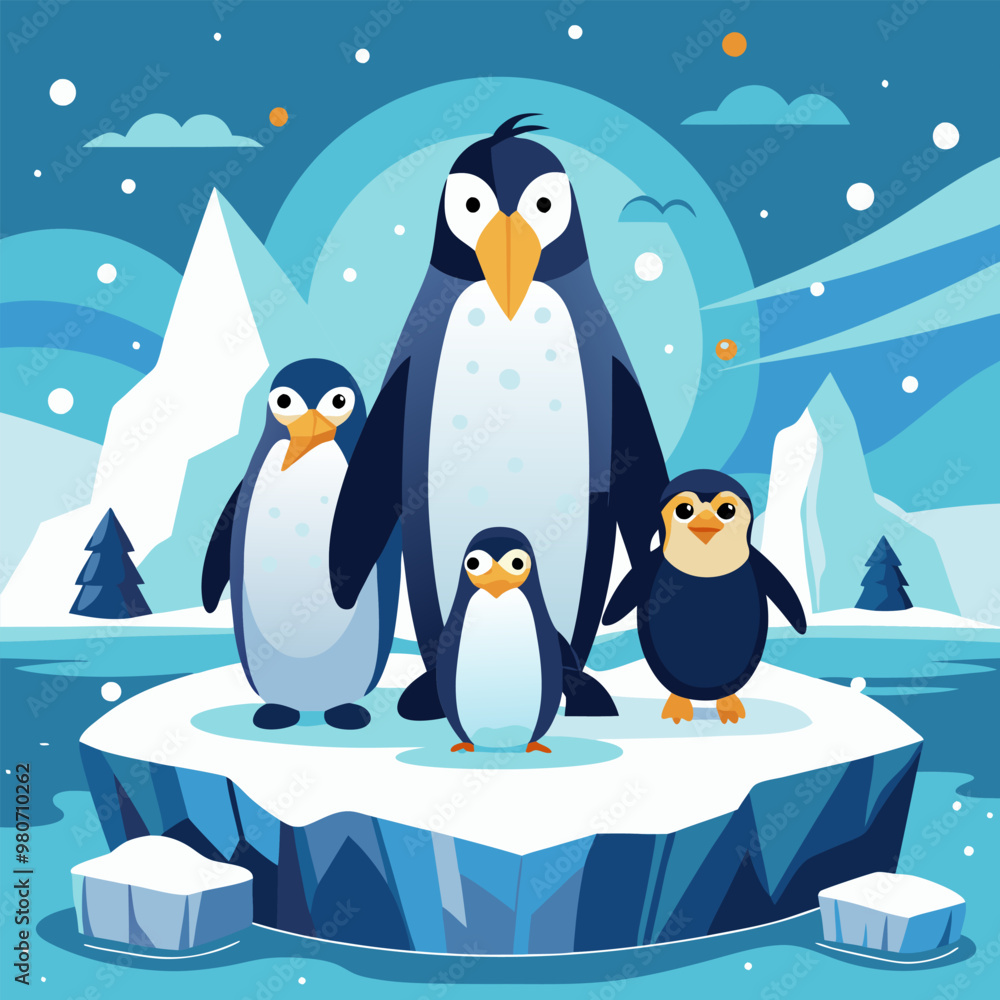 Obraz premium Adorable penguins huddle together on a frosty iceberg, a perfect illustration for winter holidays, children's books, or any project needing a touch of arctic charm.