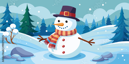 A cheerful snowman standing in a snowy winter landscape, with a charming smile and a cozy hat and scarf, perfect for adding a festive touch to your winter projects, greeting cards.
