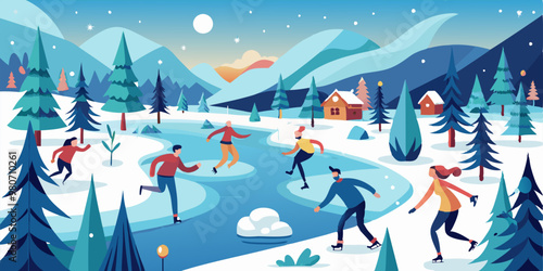 A festive winter scene with people ice skating on a frozen lake.  Surrounded by snow-capped mountains and cozy cabins, the illustration captures the joy and fun of winter activities.