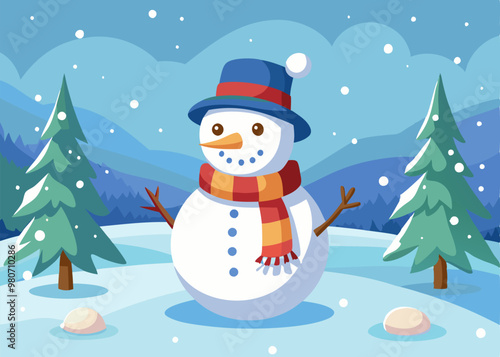 A cheerful snowman stands in a snowy landscape, wearing a blue hat, red scarf, and a bright smile. Perfect for adding a touch of winter cheer to your designs.