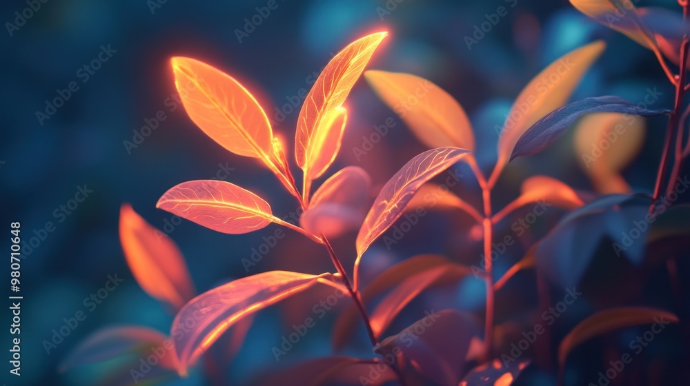 Luminous leaves glowing in a serene, dark background, showcasing nature's beauty. Luminous leaves glowing in a serene, dark background, showcasing nature's beauty.