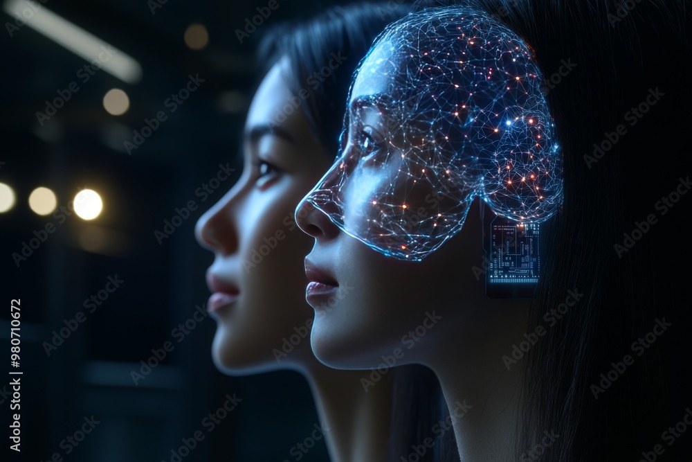Transparent digital head with neural patterns symbolizing the flow of data and neural activity in a futuristic representation of artificial intelligence enhanced cognitive processes Transparent digital head with neural patterns symbolizing the flow of data and neural activity in a futuristic representation of artificial intelligence enhanced cognitive processes