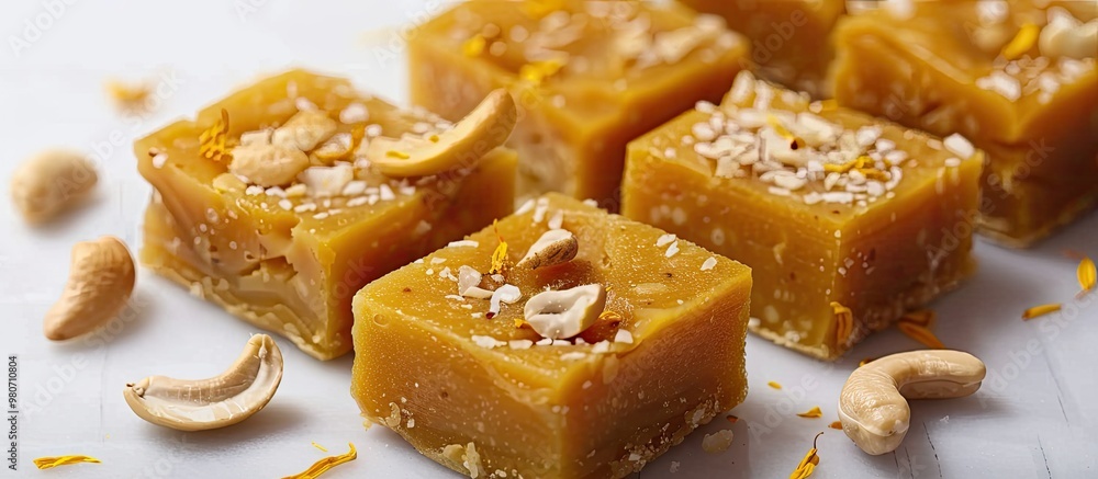Cashew nut and saffron adorned Soan Papdi on white background with copy space image Cashew nut and saffron adorned Soan Papdi on white background with copy space image