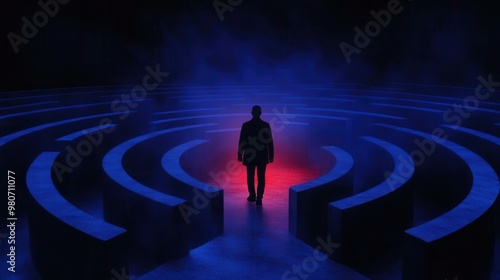 A solitary figure stands in a mystical maze, surrounded by swirling blue mist and ethereal red light, evoking intrigue and mystery.