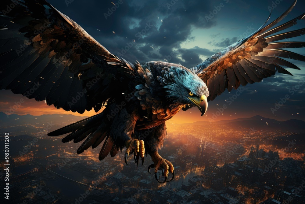 Fototapeta premium Professional Landscape Photos A majestic eagle with beautiful feathers and a dark tail, dancing flamenco on the rooftop, dazzling and colorful city views, as the sun rises and the lights twinkle below