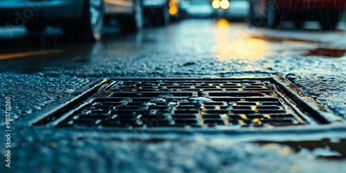 A wet drain grate in the rain.