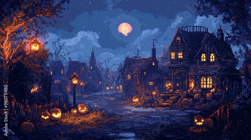 A spooky Halloween night scene with glowing pumpkins, an eerie moon, and a quaint house surrounded by a dark landscape.