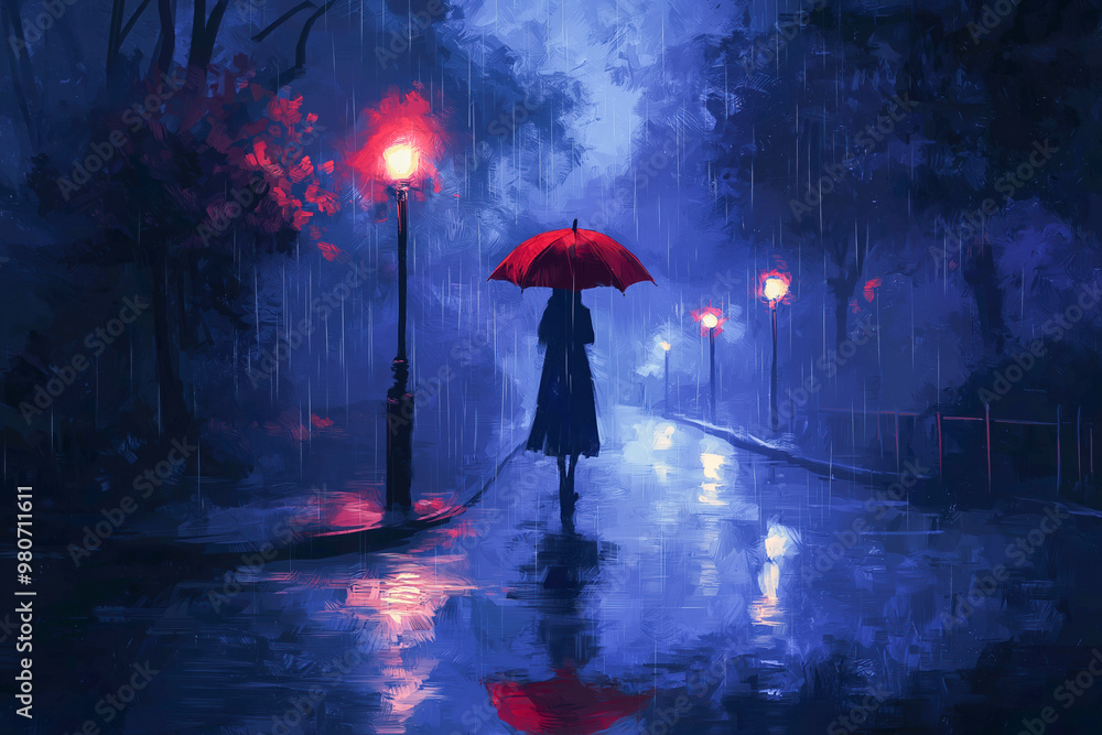 Silhouette of Woman with Red Umbrella Walking Down Rainy Street at Night Under Streetlights Silhouette of Woman with Red Umbrella Walking Down Rainy Street at Night Under Streetlights