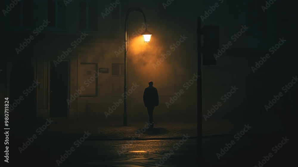 A solitary figure stands under a streetlamp in a foggy, dimly lit urban environment. A solitary figure stands under a streetlamp in a foggy, dimly lit urban environment.
