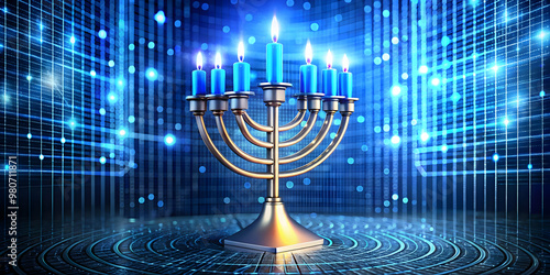 Vibrant Flat Abstract Dreidel with Glowing Digital Grid Background - High-Tech Hanukkah Visuals for Modern Ecommerce Ads