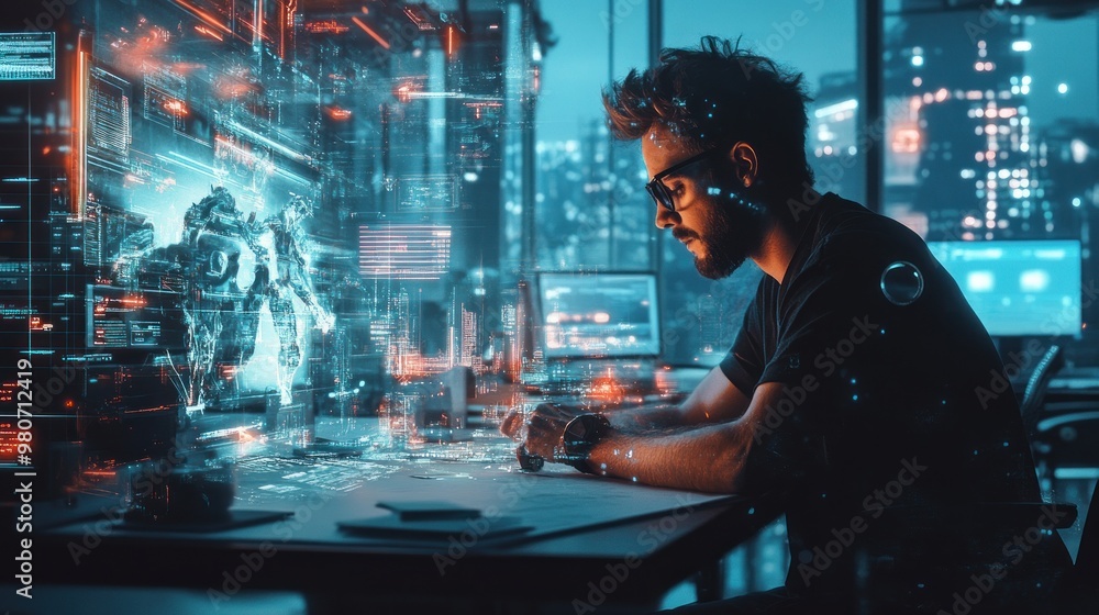 A focused individual interacts with holographic technology in a futuristic workspace. A focused individual interacts with holographic technology in a futuristic workspace.