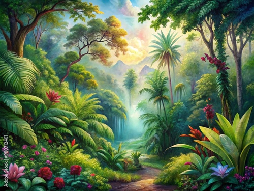 Vibrant watercolor painting of a lush jungle landscape featuring exotic green foliage, colorful flowers, and majestic trees on a soft, textured background. photo