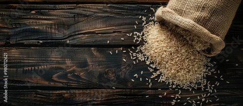 Top view of spilled organic whole Rice and Rice Bran Oryza sativa from a jute bag on a dark wooden backdrop with copy space image photo