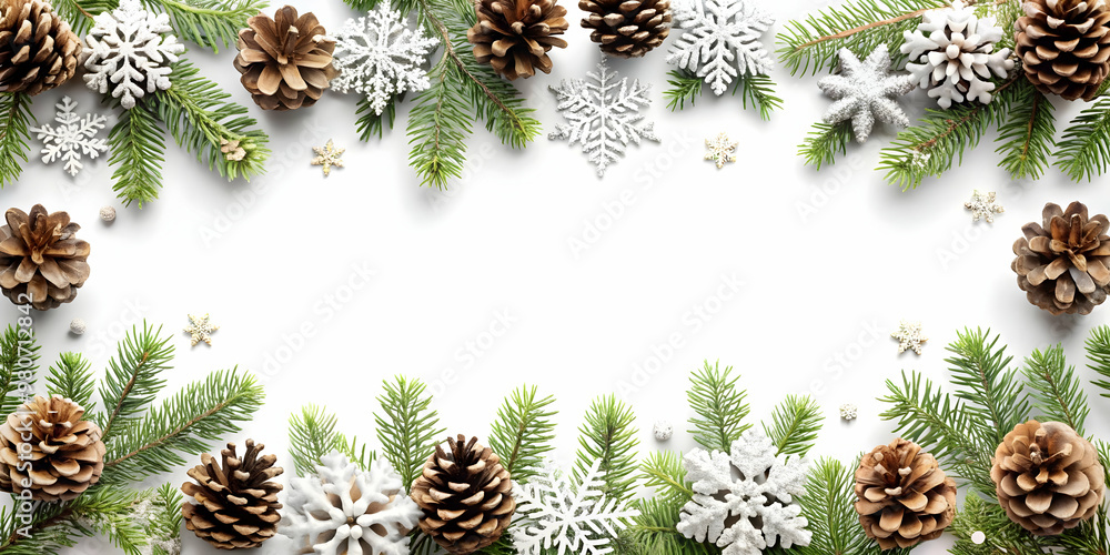 3D Snowflakes and Pinecones Border with Copy Space for Winter Product Displays - Seasonal E-commerce Promotions and Banners Design 3D Snowflakes and Pinecones Border with Copy Space for Winter Product Displays - Seasonal E-commerce Promotions and Banners Design