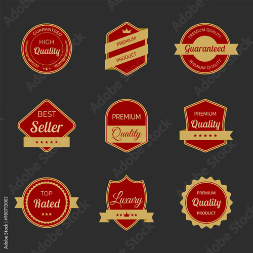 Vector illustration set of high quality labels and badges in red and gold color. Includes premium, certified designs for seals and stamps. Ideal for certification, assurance, and premium tags