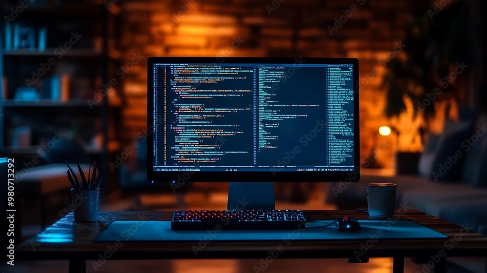 A programmer's workstation at night, the glow of the computer screen reflecting on the desk, shadows from the office furniture subtly filling the room, A programmer's workstation at night, the glow of the computer screen reflecting on the desk, shadows from the office furniture subtly filling the room,