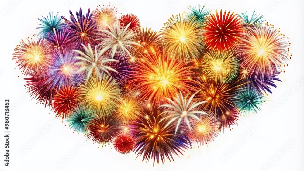 Vibrant fireworks explode in a heart-shaped pattern on a white background, evoking feelings of joy and celebration, perfect for festive illustrations and digital designs. Vibrant fireworks explode in a heart-shaped pattern on a white background, evoking feelings of joy and celebration, perfect for festive illustrations and digital designs.