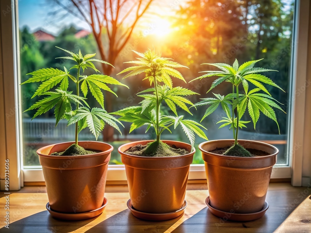 Obraz premium Three lush cannabis plants thrive in a flower pot on a sunny window sill at home, their green leaves and buds a vibrant display of nature.