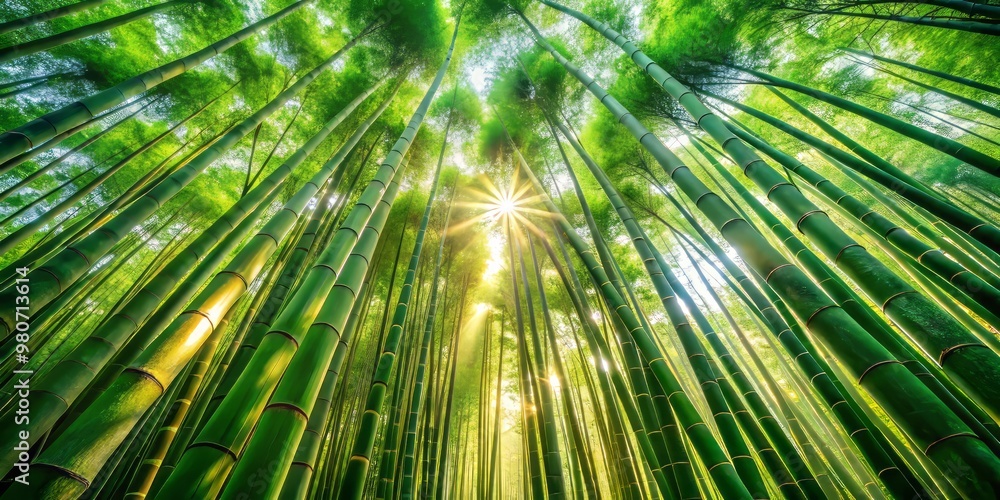 Towering bamboo plants stretch towards the sky, their vibrant green stalks a vibrant backdrop for the warm, golden Towering bamboo plants stretch towards the sky, their vibrant green stalks a vibrant backdrop for the warm, golden