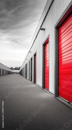 Mini colorful metal self storage facilities rental units, warehouse exterior, industry garage building. 