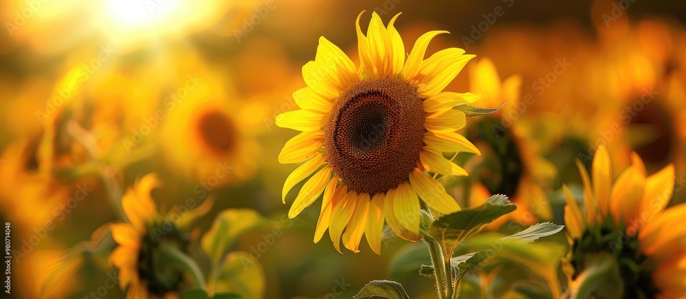 Fototapeta premium Sunflowers vibrant and large are recognized for their yellow petals and round centers ideal for a copy space image