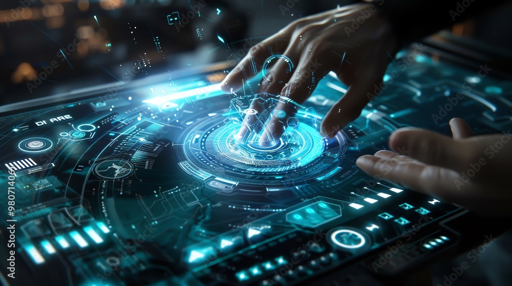 Obraz premium Gesturebased controls, holographic interaction, futuristic interface, sleek design