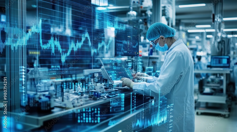 A scientist analyzes data in a high-tech laboratory setting with digital overlays. A scientist analyzes data in a high-tech laboratory setting with digital overlays.