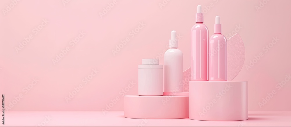 Podium showcasing cosmetic bottles on a pink backdrop with copy space image Podium showcasing cosmetic bottles on a pink backdrop with copy space image
