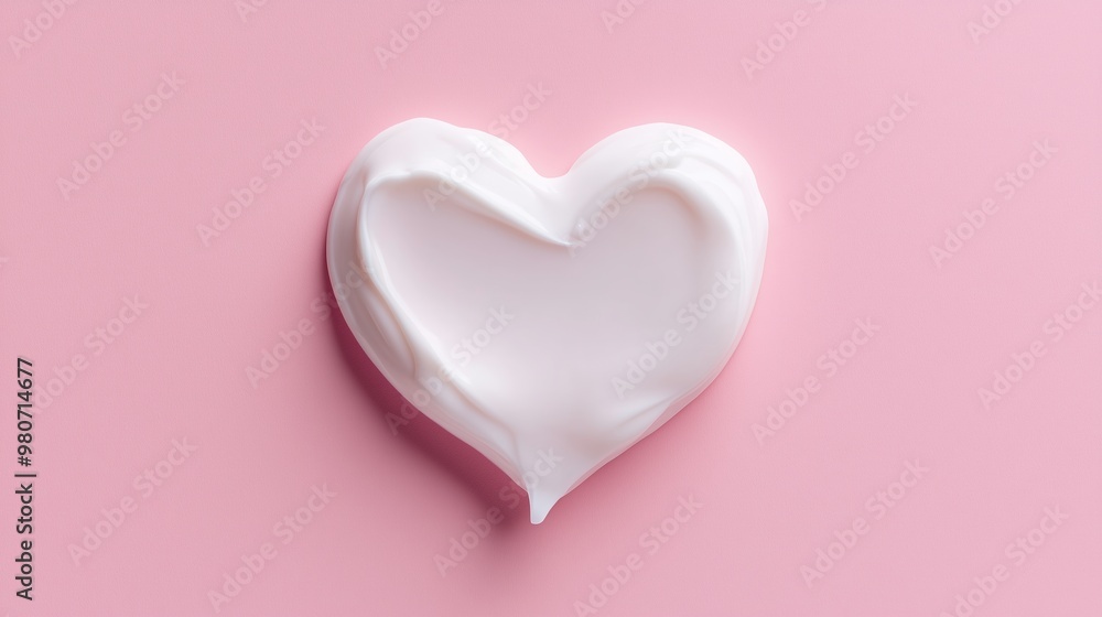Creamy heart shape made from white lotion on soft pink background, showcasing beauty and skincare products for self-care routines Creamy heart shape made from white lotion on soft pink background, showcasing beauty and skincare products for self-care routines