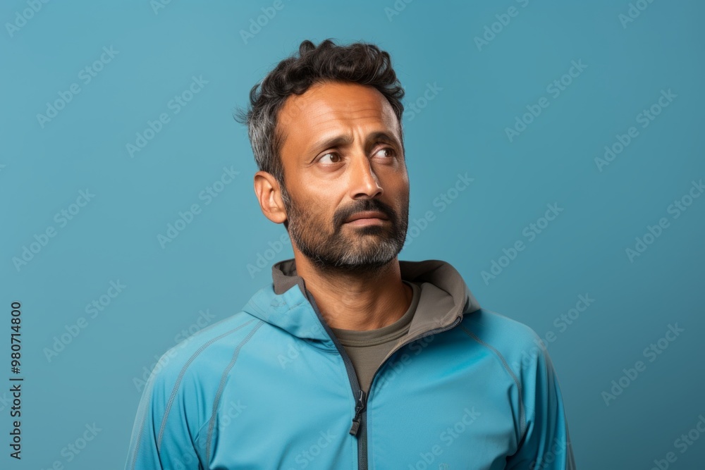 Portrait of a glad indian man in his 40s sporting a breathable hiking shirt over soft blue background Portrait of a glad indian man in his 40s sporting a breathable hiking shirt over soft blue background
