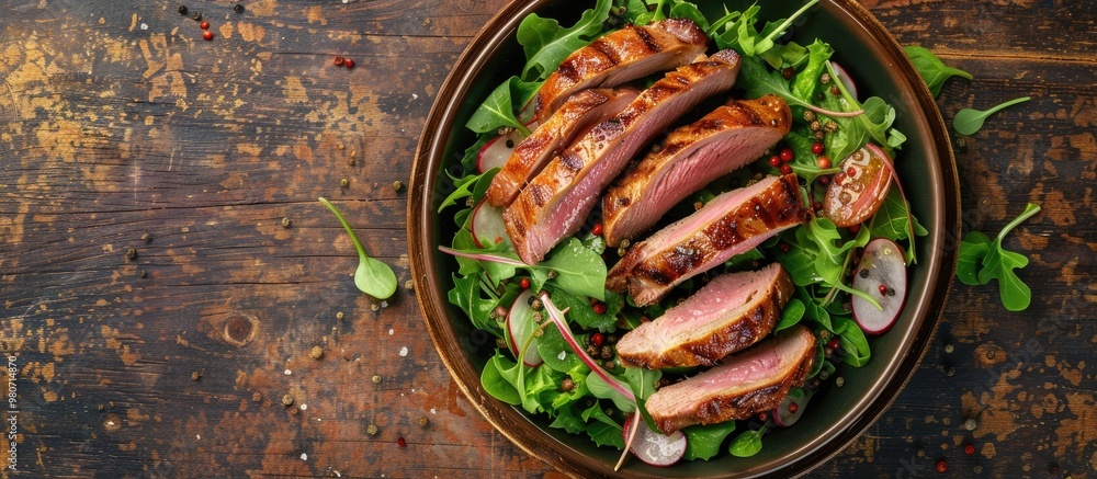 Top view of a fresh duck breast salad on a rustic table background with copy space image Top view of a fresh duck breast salad on a rustic table background with copy space image