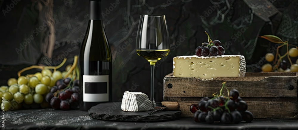 Obraz premium A box with a wine bottle a glass and Camembert cheese displayed on a black grunge background suitable for copy space image