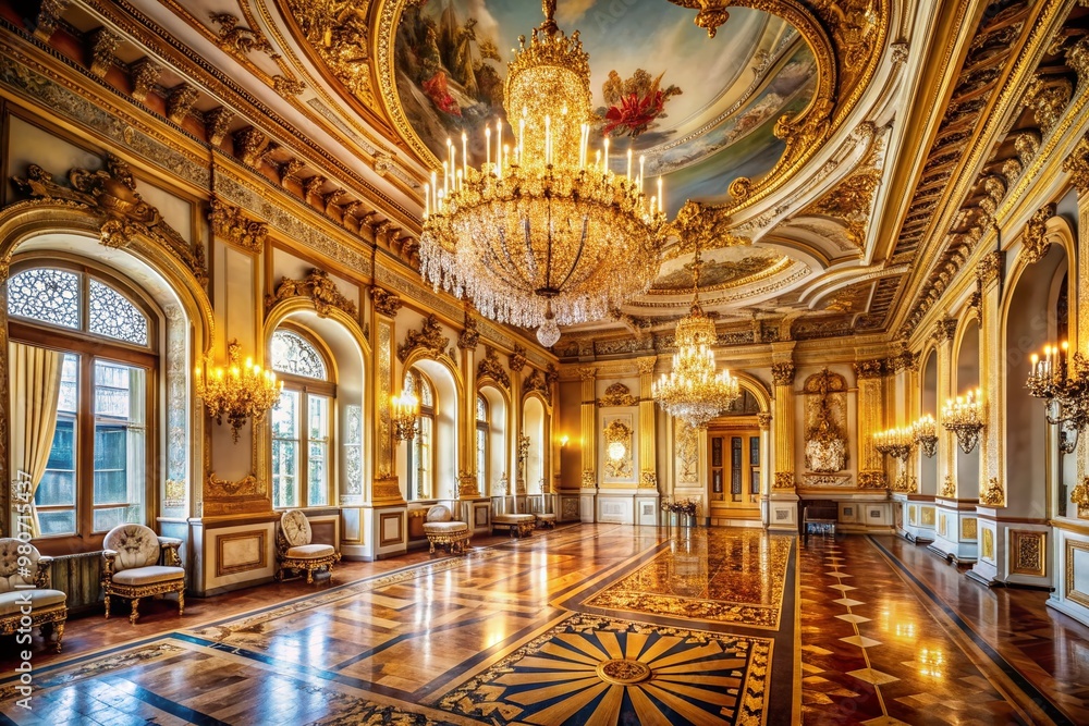 Opulent gold adorned palace room with lavish furnishings, intricate moldings, and majestic chandelier, evoking luxury and sophistication in a vast, sprawling space. Opulent gold adorned palace room with lavish furnishings, intricate moldings, and majestic chandelier, evoking luxury and sophistication in a vast, sprawling space.