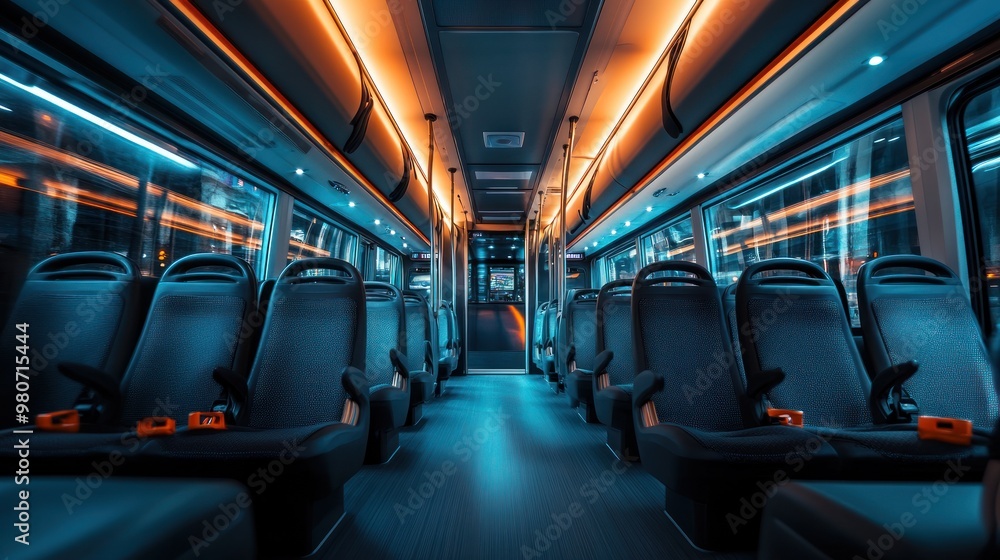 Fototapeta premium A modern bus interior with sleek seating and ambient lighting, designed for passenger comfort.