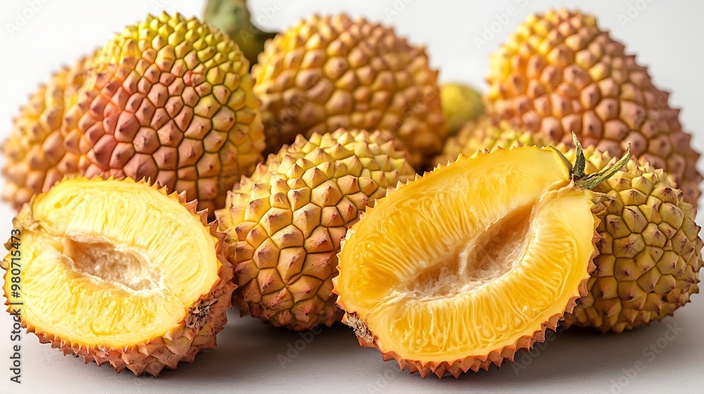 Close-up of whole and halved yellow fruits with spiky exteriors and bright yellow flesh. Close-up of whole and halved yellow fruits with spiky exteriors and bright yellow flesh.