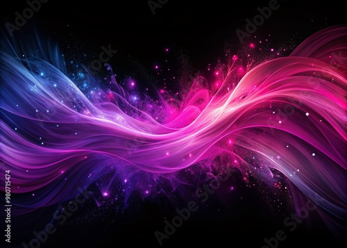 Vibrant purple and pink hues blend with dark grainy texture, flowing through a black background, creating a mesmerizing abstract design for wide banners and posters. photo