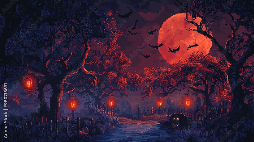 A haunting landscape featuring a glowing red moon, eerie trees, and flying bats, perfect for Halloween or spooky themes. A haunting landscape featuring a glowing red moon, eerie trees, and flying bats, perfect for Halloween or spooky themes.