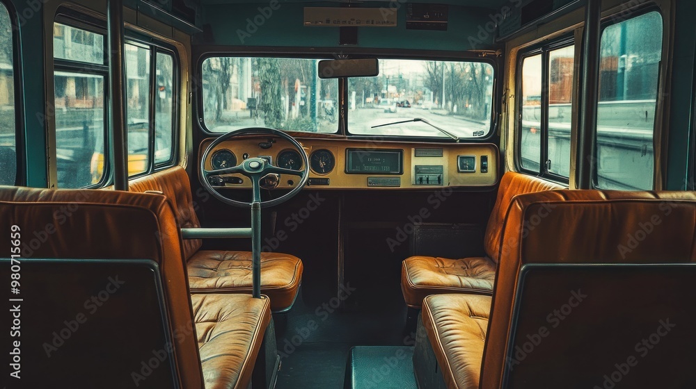Fototapeta premium Interior view of a vintage bus with leather seats and a driver's seat.