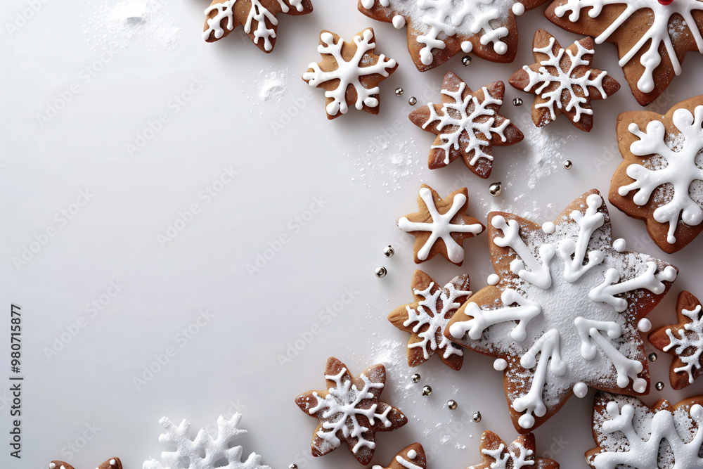 Festive christmas frame from homemade gingerbread cookies on white background with copy space. Xmas, New Year celebration concept for greeting postcard, banner Festive christmas frame from homemade gingerbread cookies on white background with copy space. Xmas, New Year celebration concept for greeting postcard, banner