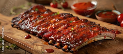Closeup of St Louis cut spare ribs with hot rub and barbecue sauce on a cutting board with copy space image