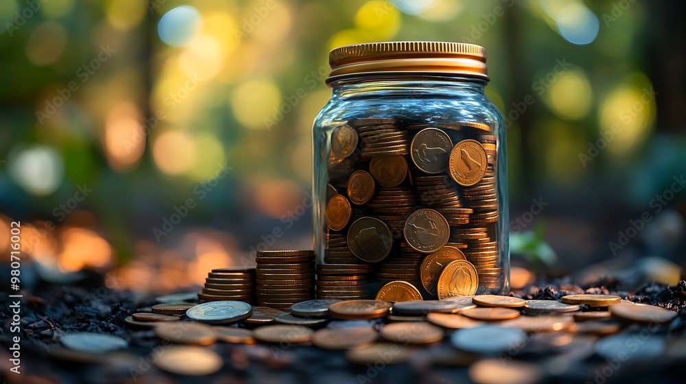 A glass jar filled with coins sits on a pile of coins in a forest. A glass jar filled with coins sits on a pile of coins in a forest.