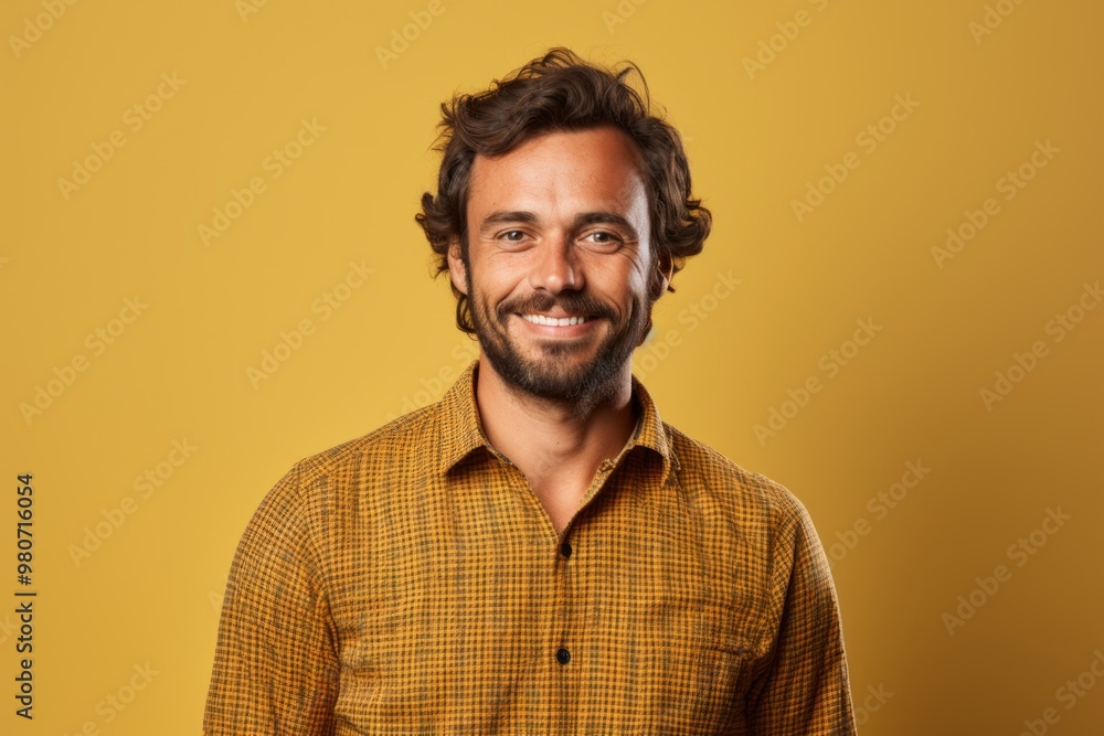 Fototapeta premium Portrait of a content man in his 30s wearing a comfy flannel shirt while standing against soft yellow background