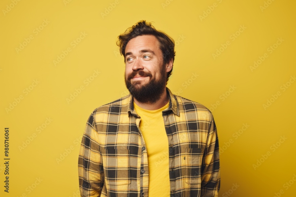 Portrait of a content man in his 30s wearing a comfy flannel shirt on soft yellow background Portrait of a content man in his 30s wearing a comfy flannel shirt on soft yellow background