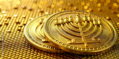 Macro Shot of Hanukkah Gelt Featuring Intricate Binary Code Etched in Gold, Blending Tradition and Technology - Close-Up Photography photo