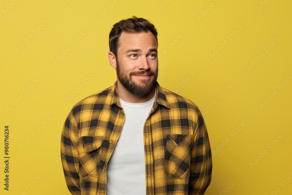 Fototapeta premium Portrait of a content man in his 30s wearing a comfy flannel shirt on soft yellow background