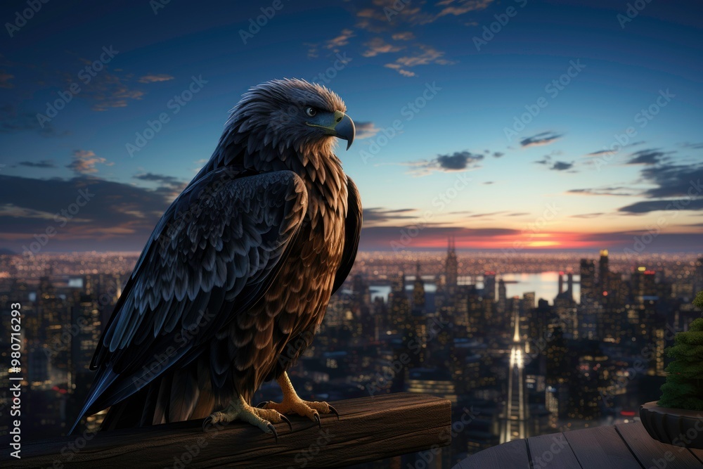 Fototapeta premium Professional Landscape Photos A majestic eagle with beautiful feathers and a dark tail, dancing flamenco on the rooftop, dazzling and colorful city views, as the sun rises and the lights twinkle below
