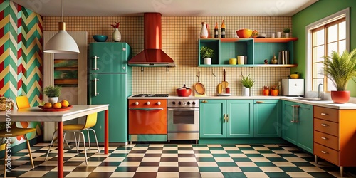 Vibrant hues and bold geometric patterns adorn the retro kitchen, where vintage appliances add a touch of nostalgia, photo