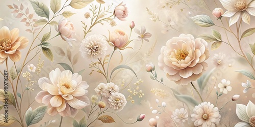 Delicate botanical blooms arrange themselves in soft, creamy hues on a serene background, evoking refinement and sophistication in this elegant wallpaper design.