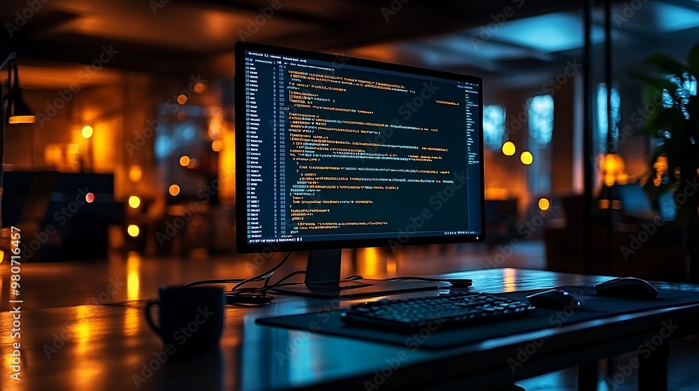 A quiet office illuminated by the glow of a single monitor displaying code, shadows stretching across the floor, reflections of light on the desk and chair, A quiet office illuminated by the glow of a single monitor displaying code, shadows stretching across the floor, reflections of light on the desk and chair,