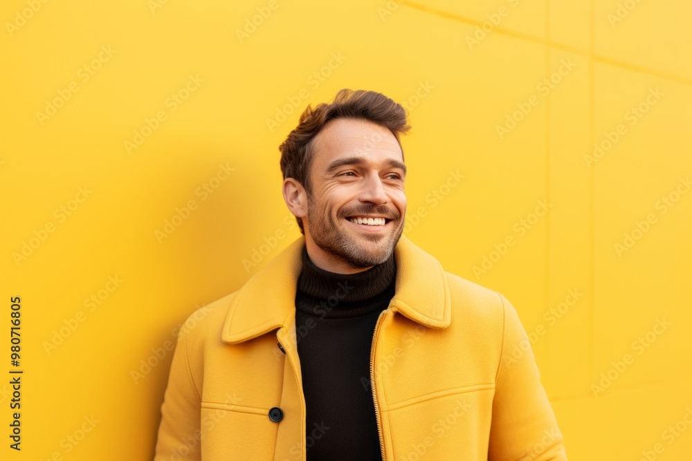 Obraz premium Portrait of a blissful man in his 30s wearing a thermal fleece pullover while standing against soft yellow background